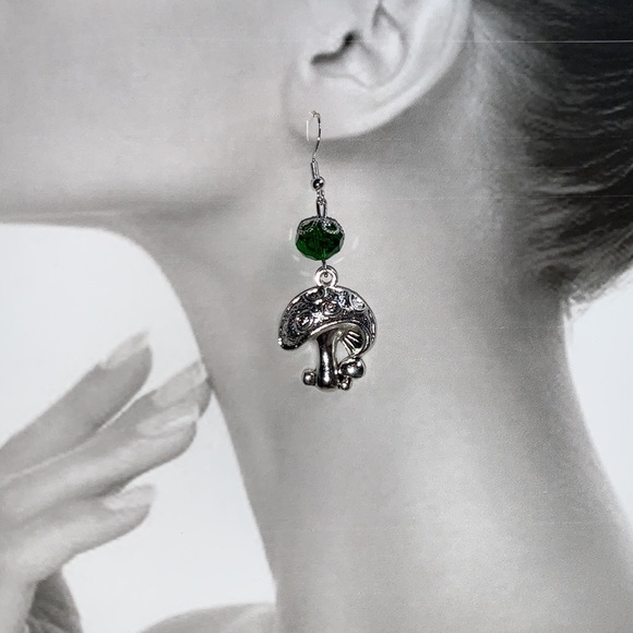 Hand Crafted 💚 Mushroom Charm and Green Bead Dangling Fishhook Earrings - Picture 3 of 11